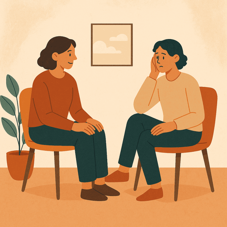 Dos mujeres teniendo una conversación, simula una sesión de psicología. El psicólogo escucha y el paciente habla. Trasmite cercanía, seguridad, calma, presencia.