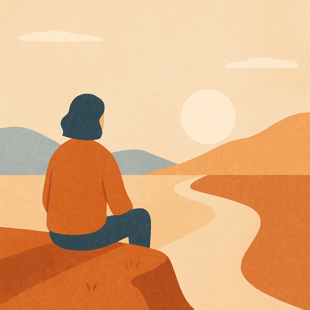 Persona sentada mirando al horizonte, se muestra un sendero.