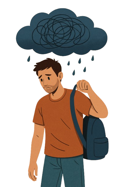 Persona con una nube encima, representando como los pensamientos pueden influir y pesar.